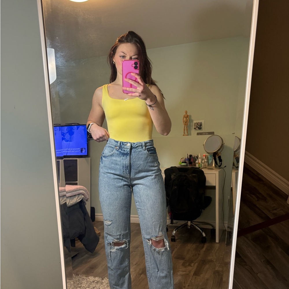 Garage Blue Straight Leg Jeans with Distressed Details